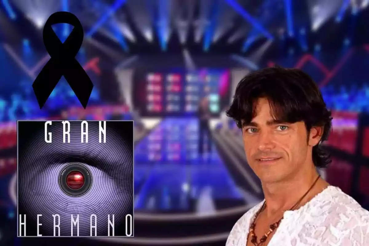 Muntatge amb el plató de 'Gran Hermano' al fons, el logo del programa, un llaç negre i Conrad Chase