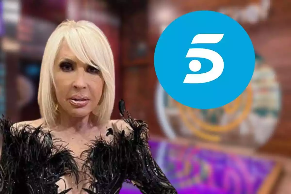 Muntatge amb el plató de 'Masterchef' al fons, Laura Bozzo amb un vestit negre de plomes i el logotip de Telecinco