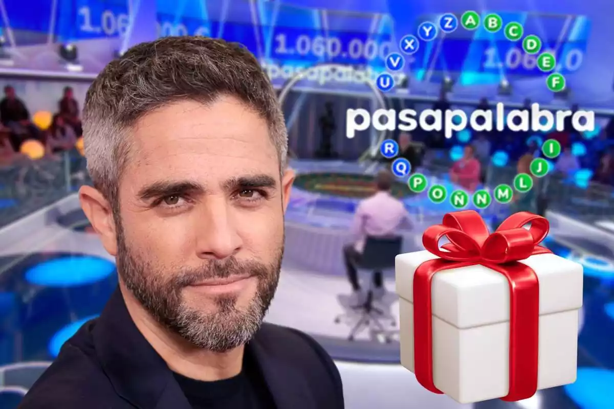 Muntatge amb el plató de 'Pasapalabra' al fons, el logo del programa, Roberto Leal somrient i un regal