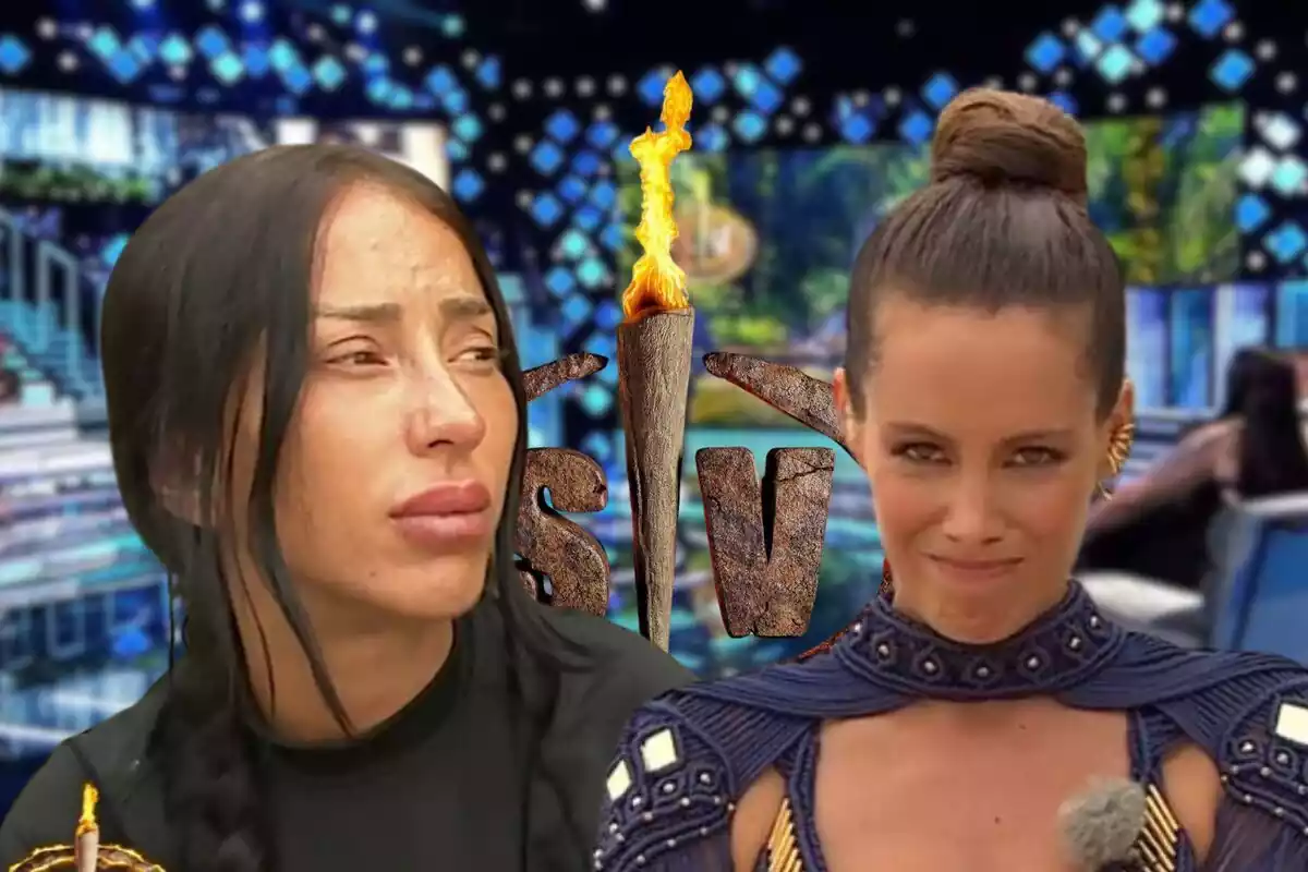 Muntatge amb el plató de 'Supervivientes', el logo del programa, Aurah Ruiz seria mirant de banda amb els cabells recollits i Laura Madrueño amb els llavis estrets i un monyo als cabells