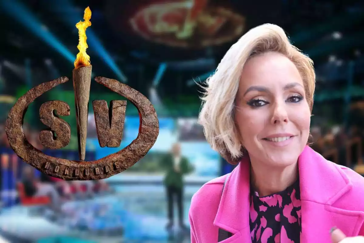 Muntatge amb el plató de 'Supervivientes' al fons, el logo del reality i Rocío Carrasco somrient amb una jaqueta rosa