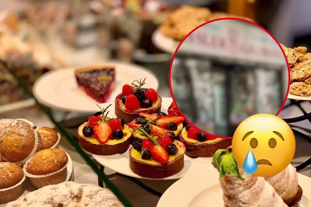Muntatge amb plats plens de peces de rebosteria en una pastisseria, la pastisseria Kessler-Galimany desenfocada i un emoji plorant