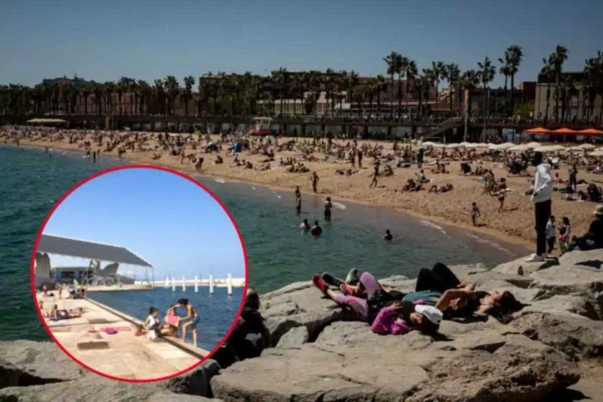 Muntatge d´una platja de Barcelona plena de gent i la platja del Fòrum