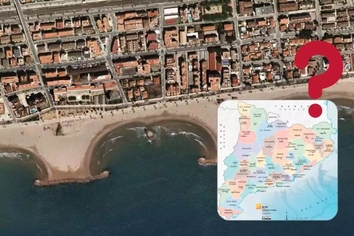 Muntatge amb la platja de Cunit i el poble, un mapa amb les comarques de Catalunya i un interrogant