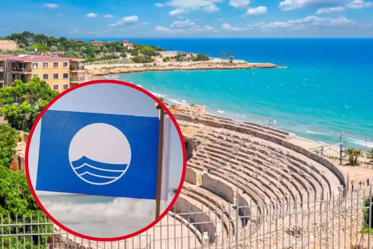 Muntatge d´una platja de Tarragona al fons, amb vista al´amfiteatre romà, i una foto petita d´una bandera blava