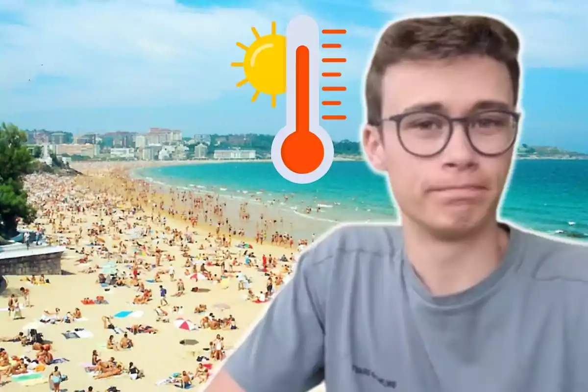 Jorge Rey amb ulleres i expressió neutral a primer pla, amb una platja plena de gent al fons i una icona de sol i termòmetre indicant altes temperatures.