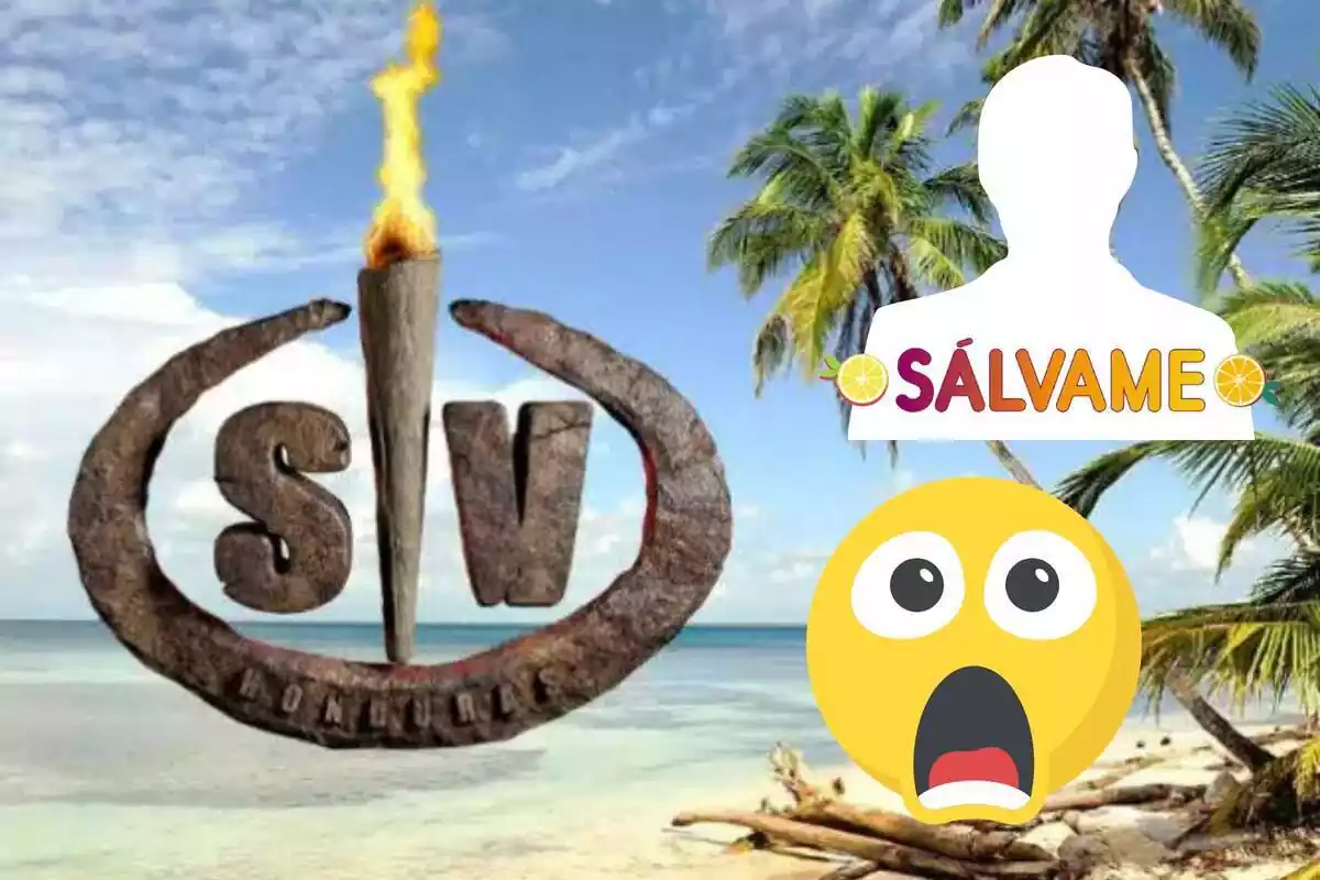 Muntatge amb una platja i el logotip de 'Supervivientes', una silueta amb el logotip de 'Sálvame' i un emoji de sorpresa