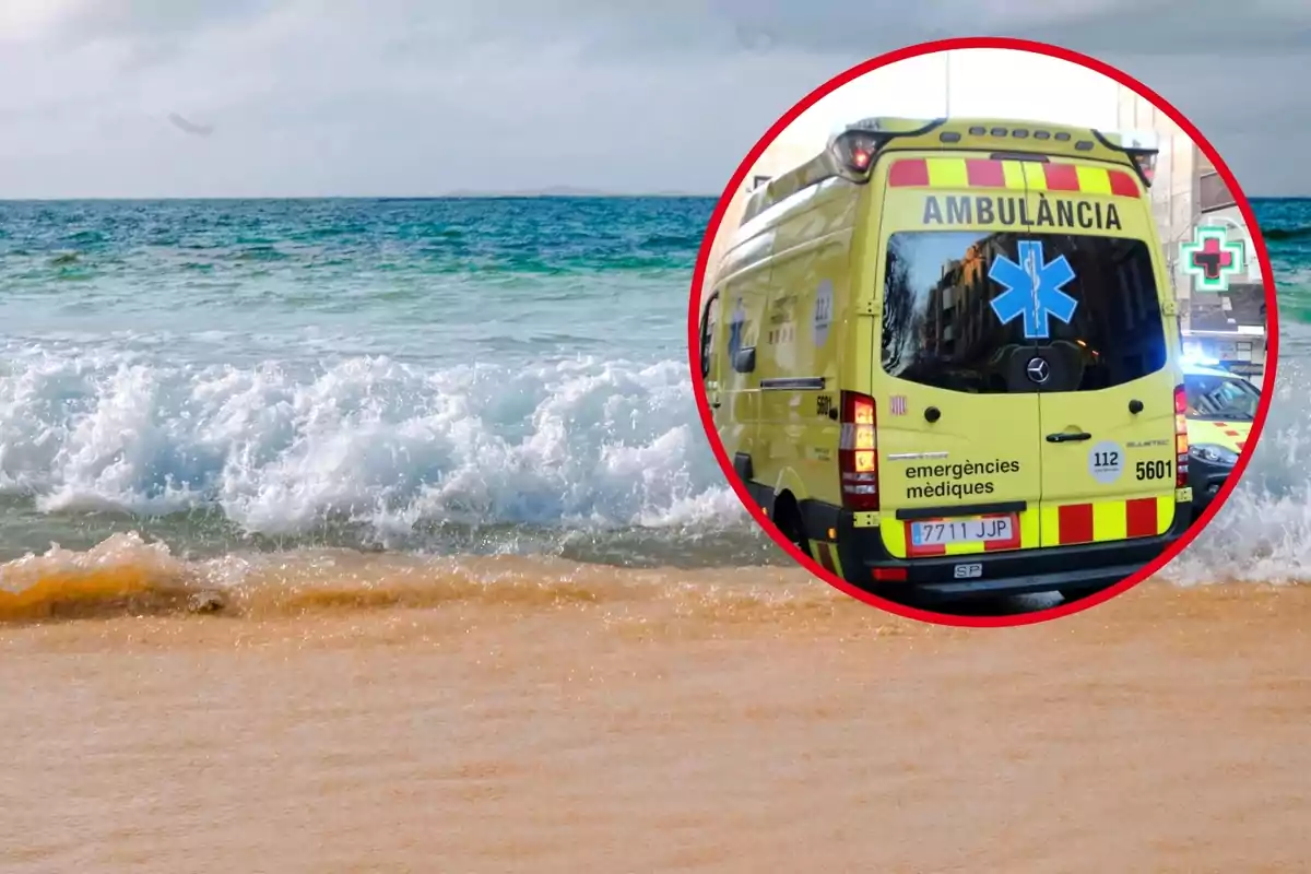Muntatge amb una platja amb l'onada trencant-se a la riba i un cercle amb una ambulància del SEM
