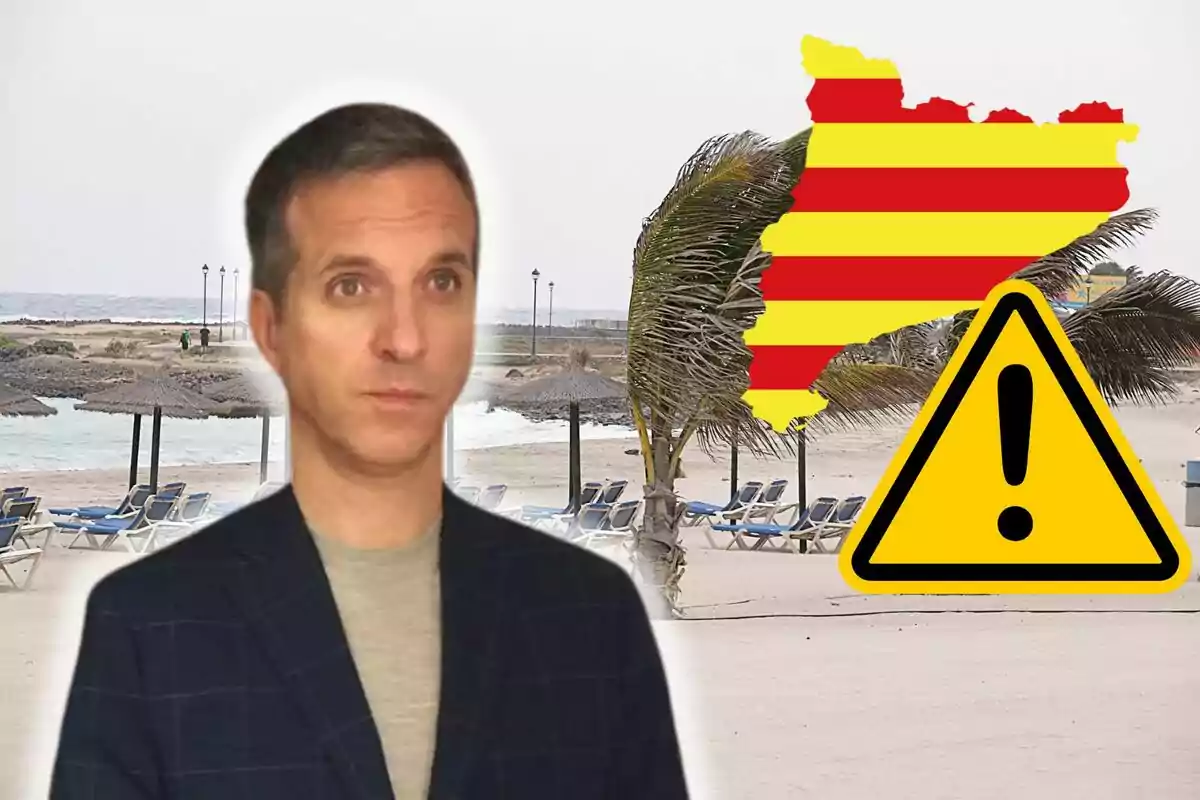 Jofre Janué amb expressió seriosa en primer pla sobre un fons de platja amb palmeres i gandules al costat d'un mapa amb franges vermelles i grogues i un símbol d'advertiment.