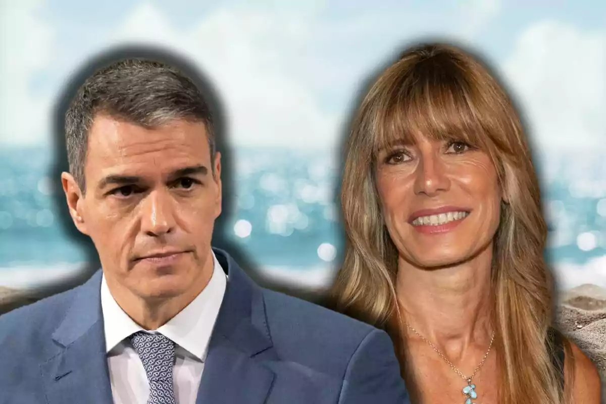 Pedro Sánchez i Begoña Gómez posant davant un fons de mar i cel.