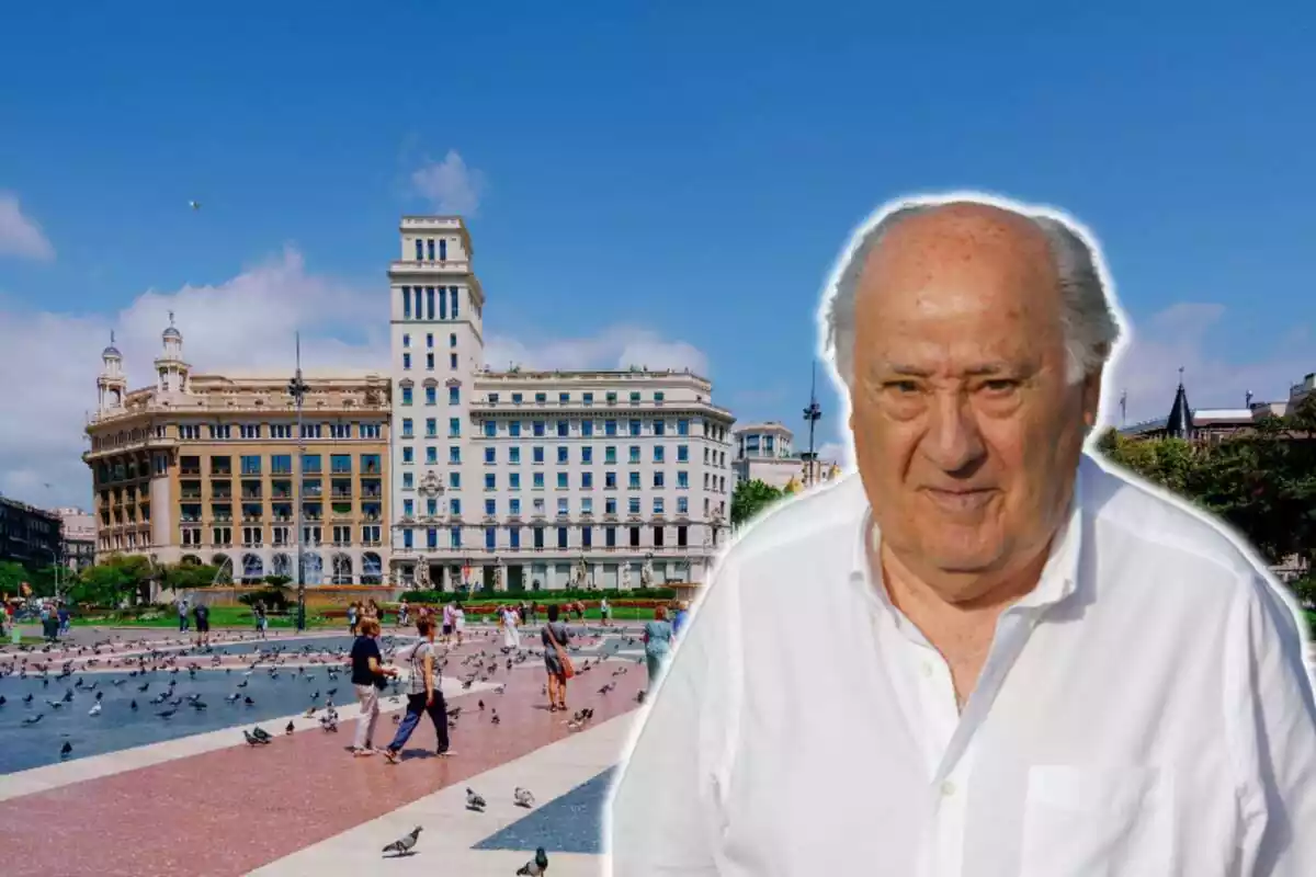 Muntatge amb plaça Catalunya de Barcelona i Amancio Ortega amb rostre neutre i camisa blanca