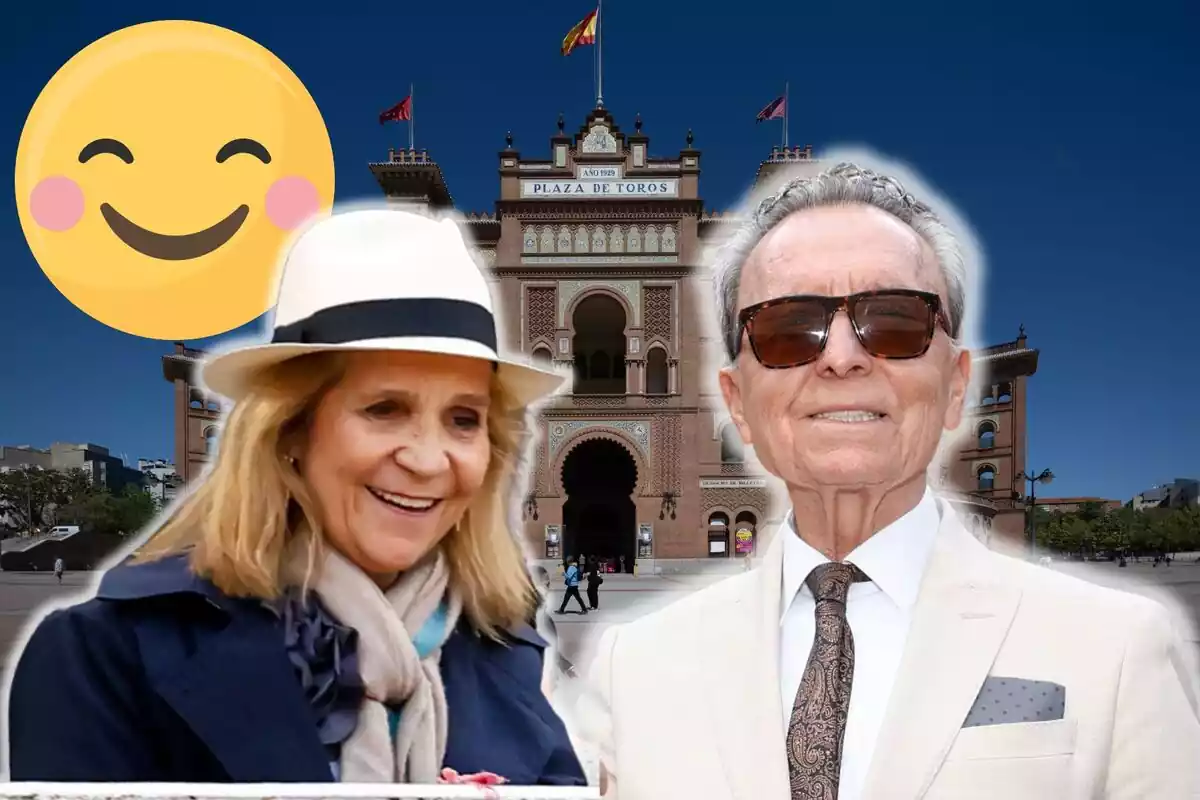 Muntatge de la plaça de bous de Las Ventas, la infanta Elena somrient amb un barret blanc, José Ortega Cano somrient amb ulleres de sol i vestit blanc i un emoji feliç