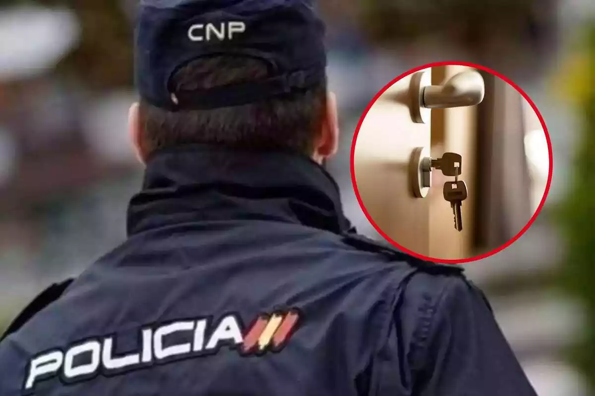 Muntatge d'un policia nacional d'esquena amb una clau en un pany