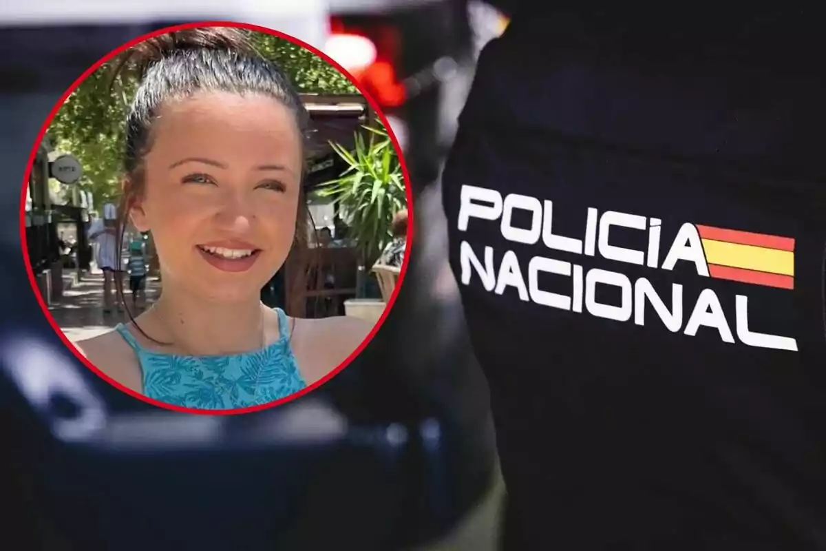 Una dona somrient en un cercle vermell superposat a una imatge d?un uniforme de la Policia Nacional.