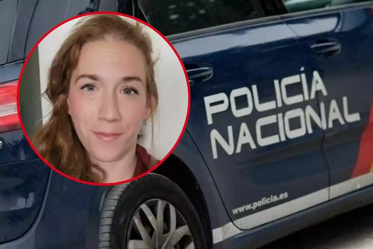 Una dona en un requadre vermell sobre la imatge d?un cotxe de la Policia Nacional.