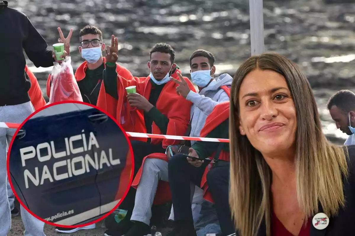 Muntatge de grup d'immigrants saludant a càmera amb Míriam Nogueras i cercle amb el logotip de la Policia Nacional