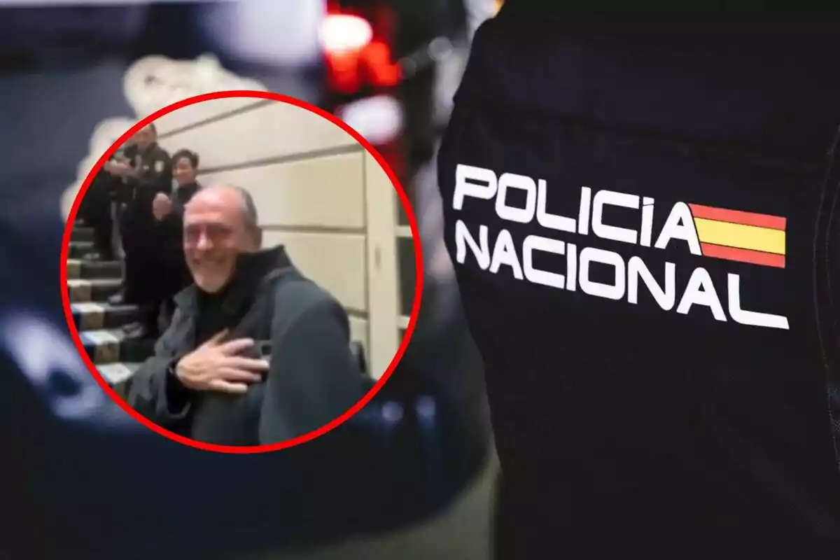 Un home somrient amb la mà al pit és envoltat per policies en una escala, mentre que en primer pla es veu l'uniforme de la Policia Nacional.