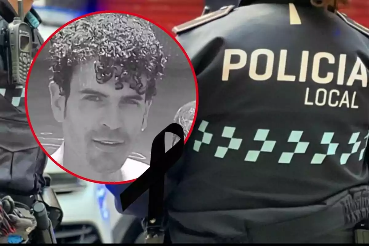 Una imatge mostra un oficial de policia local d'esquena amb un emblema a la jaqueta i un retrat en blanc i negre d'un home dins d'un cercle vermell amb un llaç negre superposat.