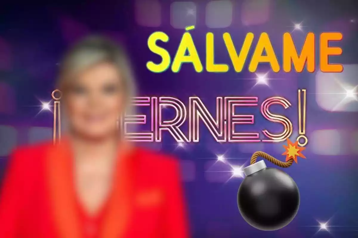 Muntatge de la portada de '¡De Viernes!', Terelu Campos desenfocada, el logotip de 'Sálvame' i una bomba