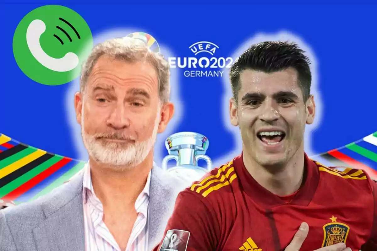 Felip VI i Álvaro Morata amb un fons del logo de la UEFA Euro 2024 i una icona de trucada verda.