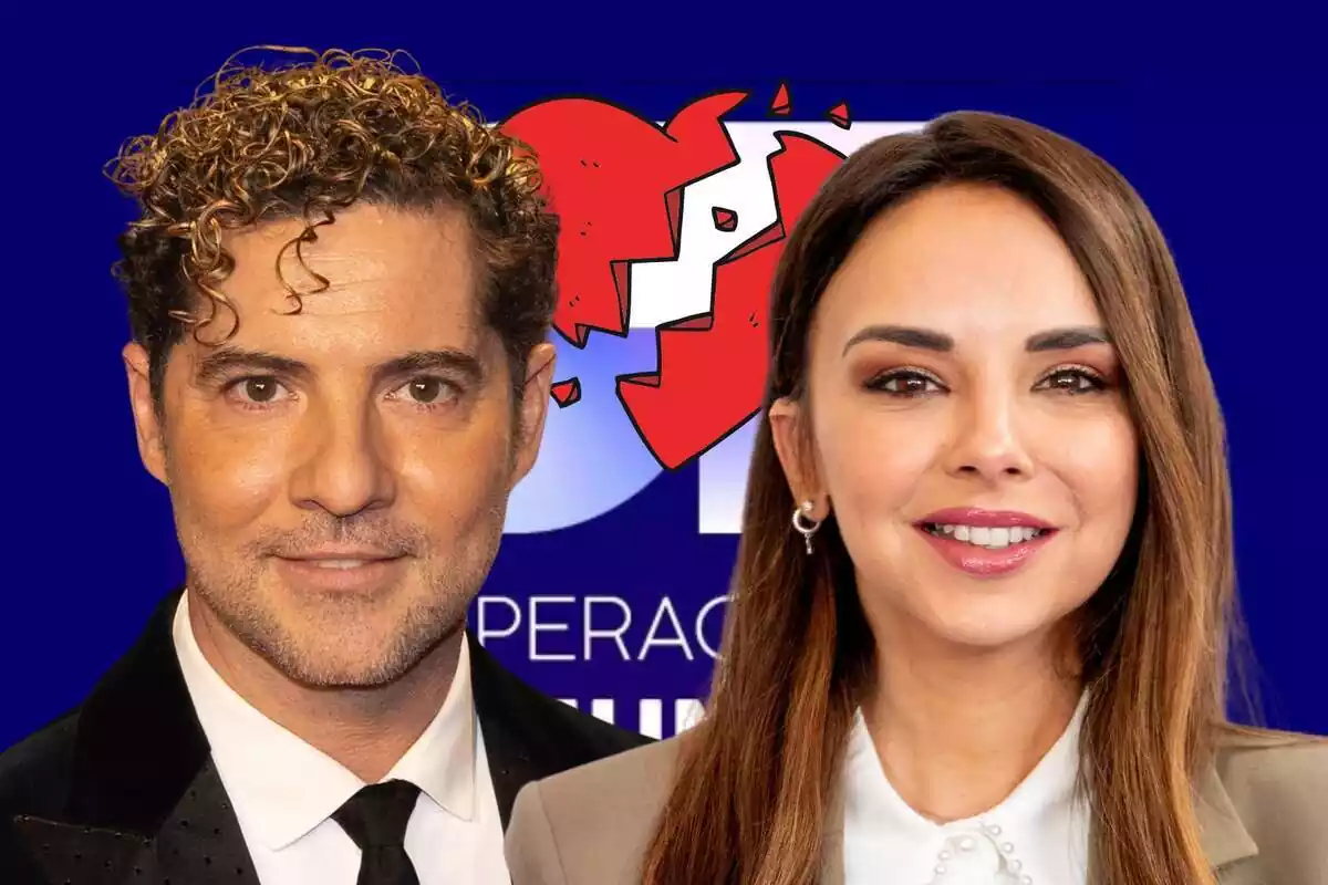 Muntatge amb la portada d''Operación Triunfo', David Bisbal somrient en un vestit negre, Chenoa somrient amb els llavis roses i un cor trencat