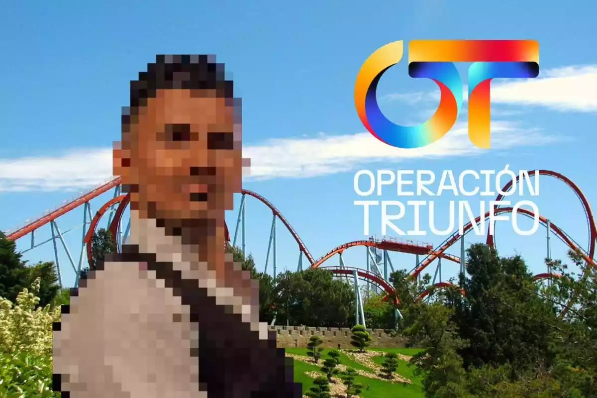 Muntatge amb el parc de PortAventura al fons, Ángel Capel pixelat i el logo de 'Operación Triunfo'