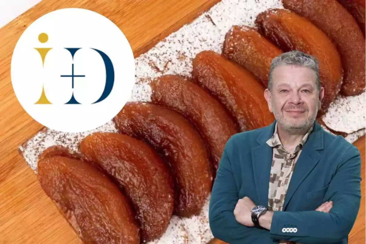 Muntatge amb unes postres al fons, el logotip d'I+Desserts i Alberto Chicote amb els braços creuats