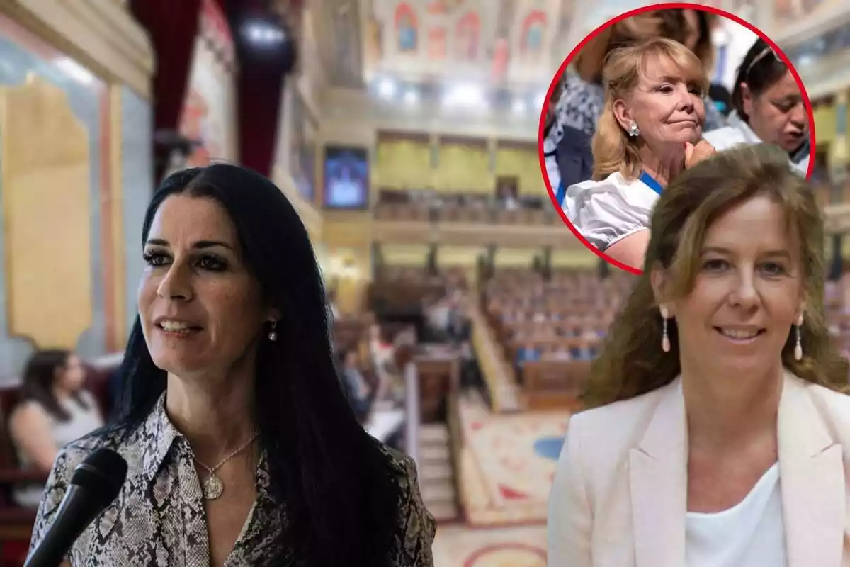 Muntatge de Carla Toscana i Rocío Aguirre en primer pla, amb cercle amb Esperanza Aguirre i fons desenfocat del Congrés dels Diputats