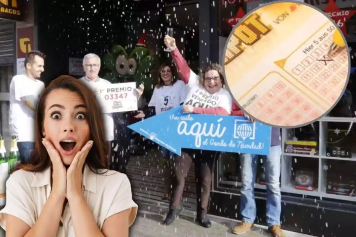Un grup de persones celebren un premi, amb una dona amb cara de sorpresa, i al cercle, una butlleta de l'Eurojackpot