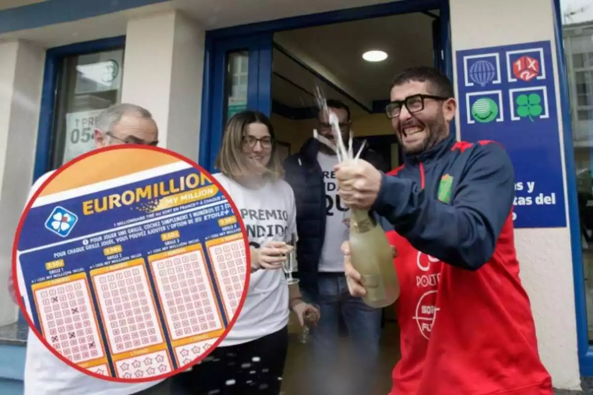 Un grup de persones celebra un premi de loteria amb cava i al cercle, una butlleta de l'Euromilions