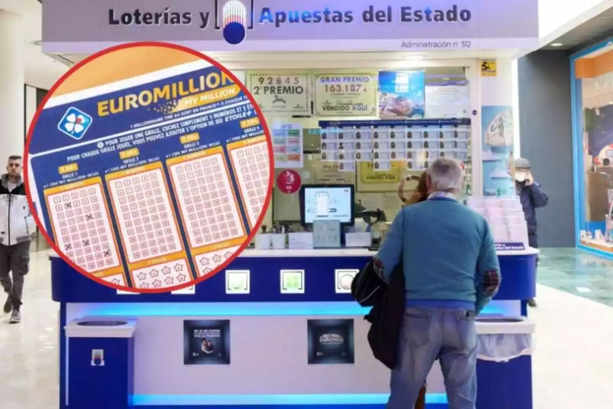 Un home d'esquena en una administració de loteria, i al cercle una butlleta de l'Euromilions