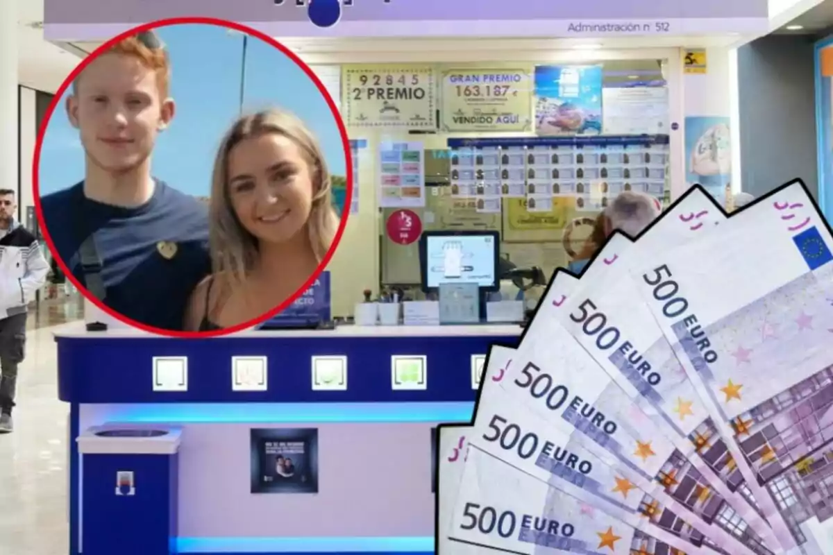 Una administració de loteries al fons, amb uns bitllets de 500 euros, i al cercle, la parella que no es va emportar el premi