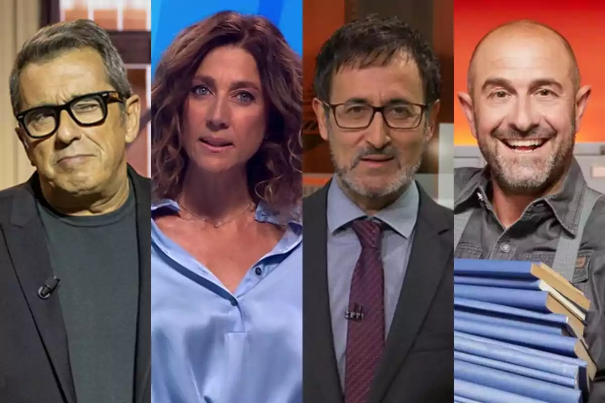 Muntatge dels presentadors de TV3 Andreu Buenafuente, Helena García Meleroo, Xavier Grasset i Eloi Vila posant a diferents escenaris.