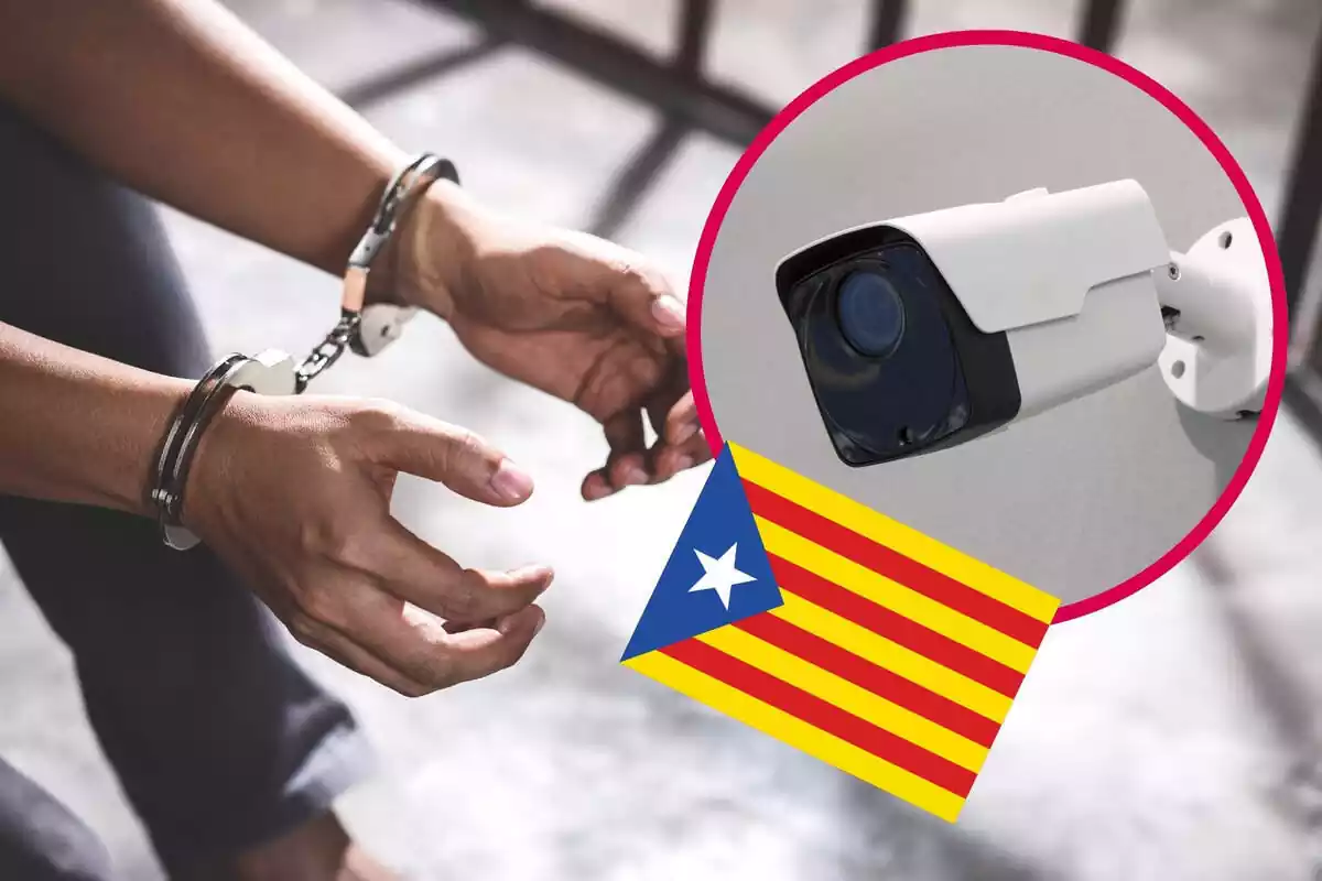 Muntatge d'una persona emmanillada amb una càmera de vigilància i la bandera independentista
