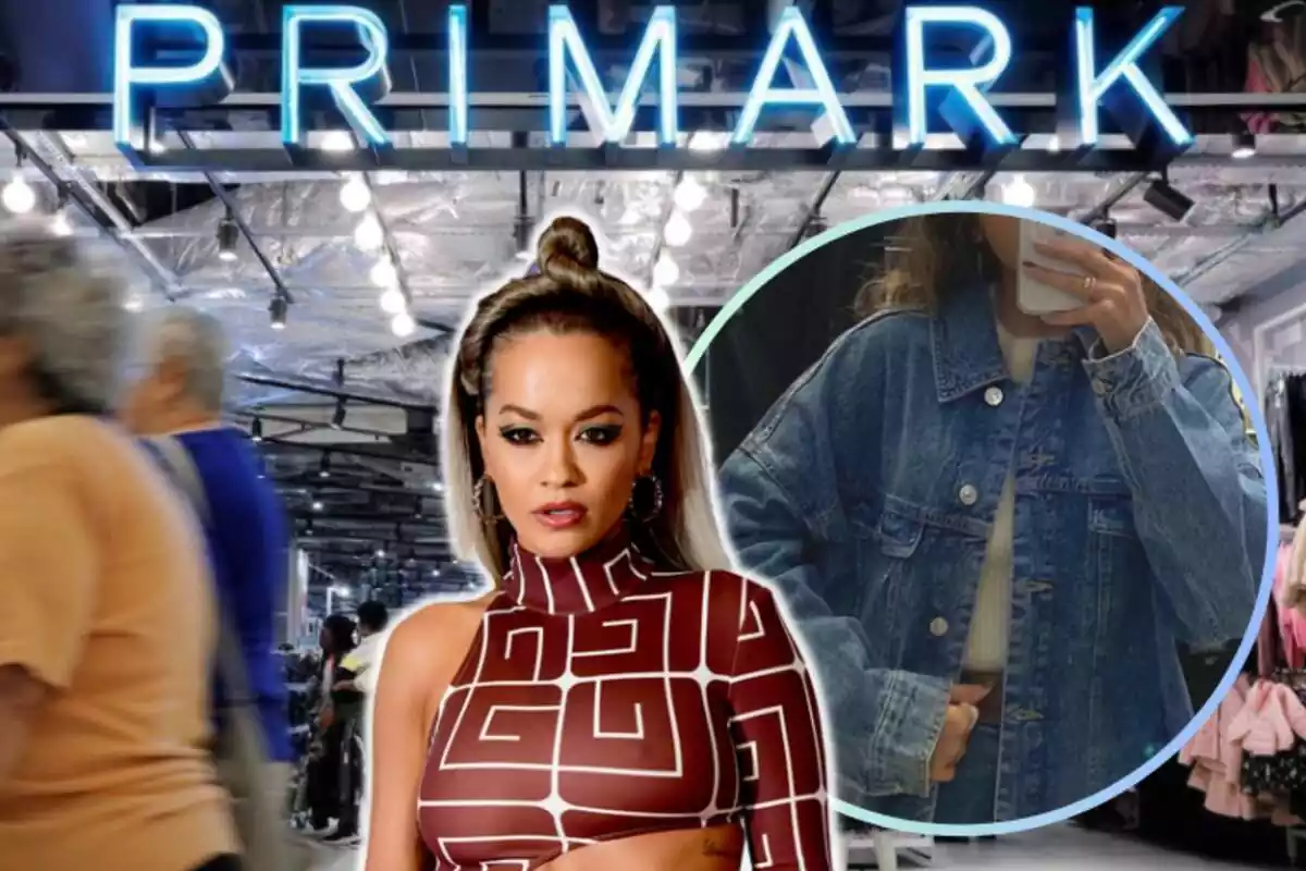 Muntatge amb una botiga de Primark de fons, un cercle amb la jaqueta texana que ven la mateixa marca i la cantant Rita Ora al centre