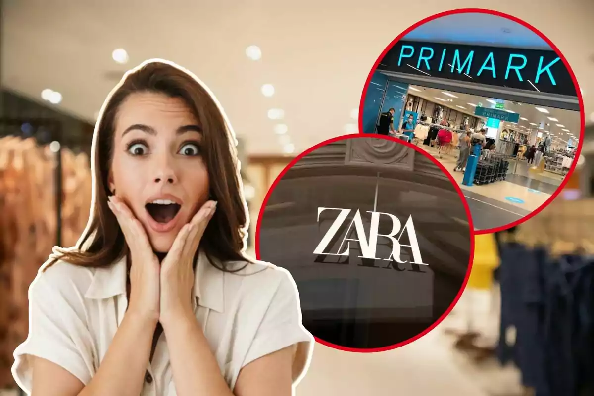 Una mujer con expresión de sorpresa y emoción, con imágenes de las tiendas Primark y Zara en círculos rojos superpuestas.