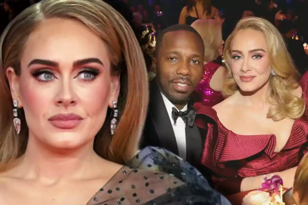 Adele with elegant makeup and a formal gown appears in the foreground, while in the background the same woman is seen joined by Rich Paul at a formal event.