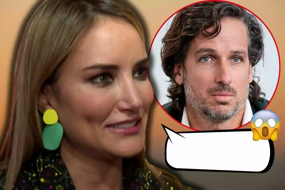 Alba Carrillo with colorful earrings appears in the foreground, while Feliciano López's face is shown in a red circle; there is an empty speech bubble and a surprised emoji in the corner.