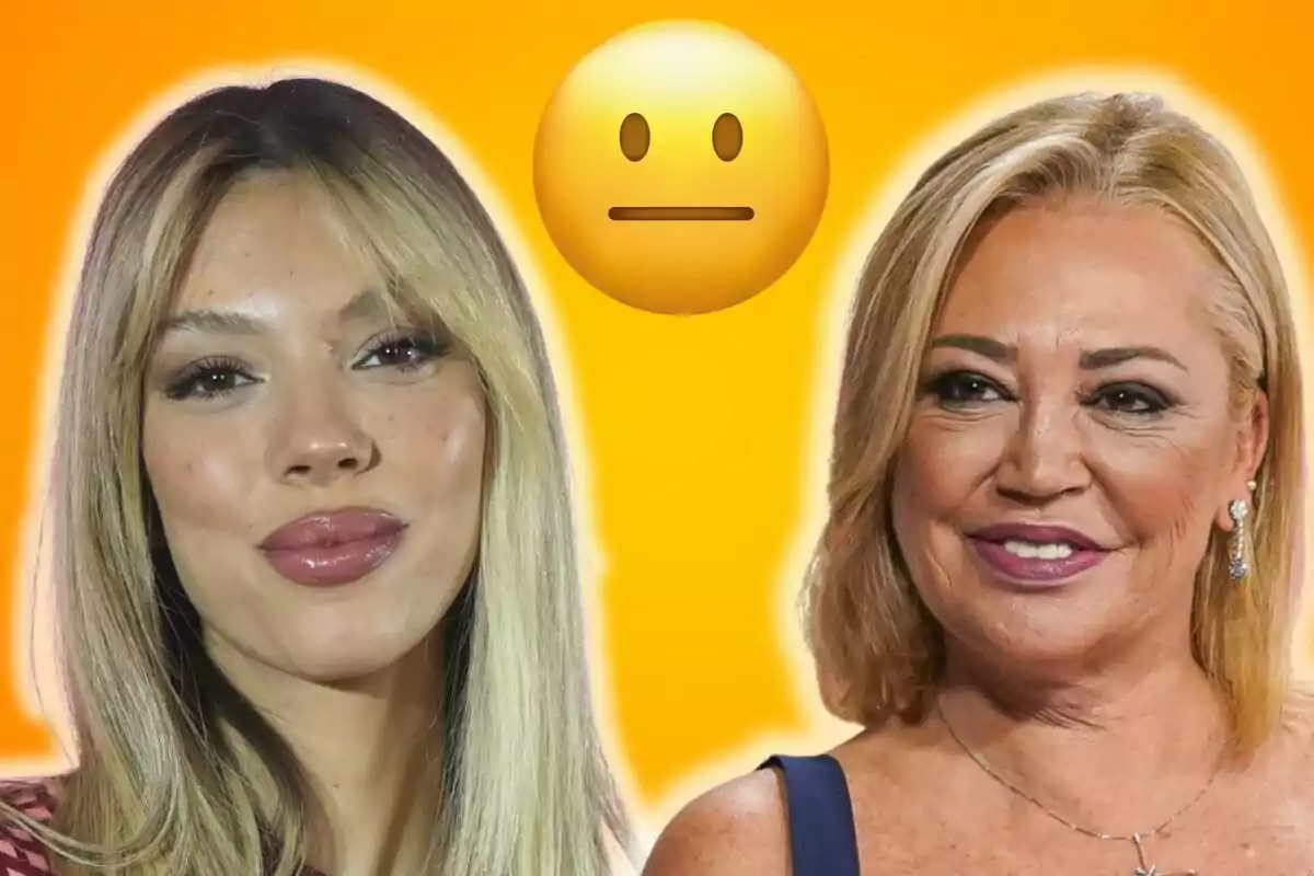 Alejandra Rubio and Belén Esteban smiling with a neutral emoji on an orange background.