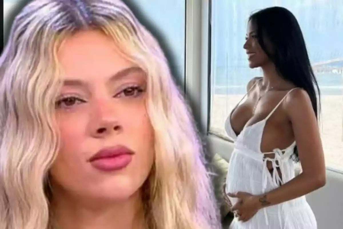 Primer pla d’Alejandra Rubio amb expressió seriosa i al fons Jeimy Báez embarassada de cabells foscos vestida de blanc mirant per una finestra cap a la platja