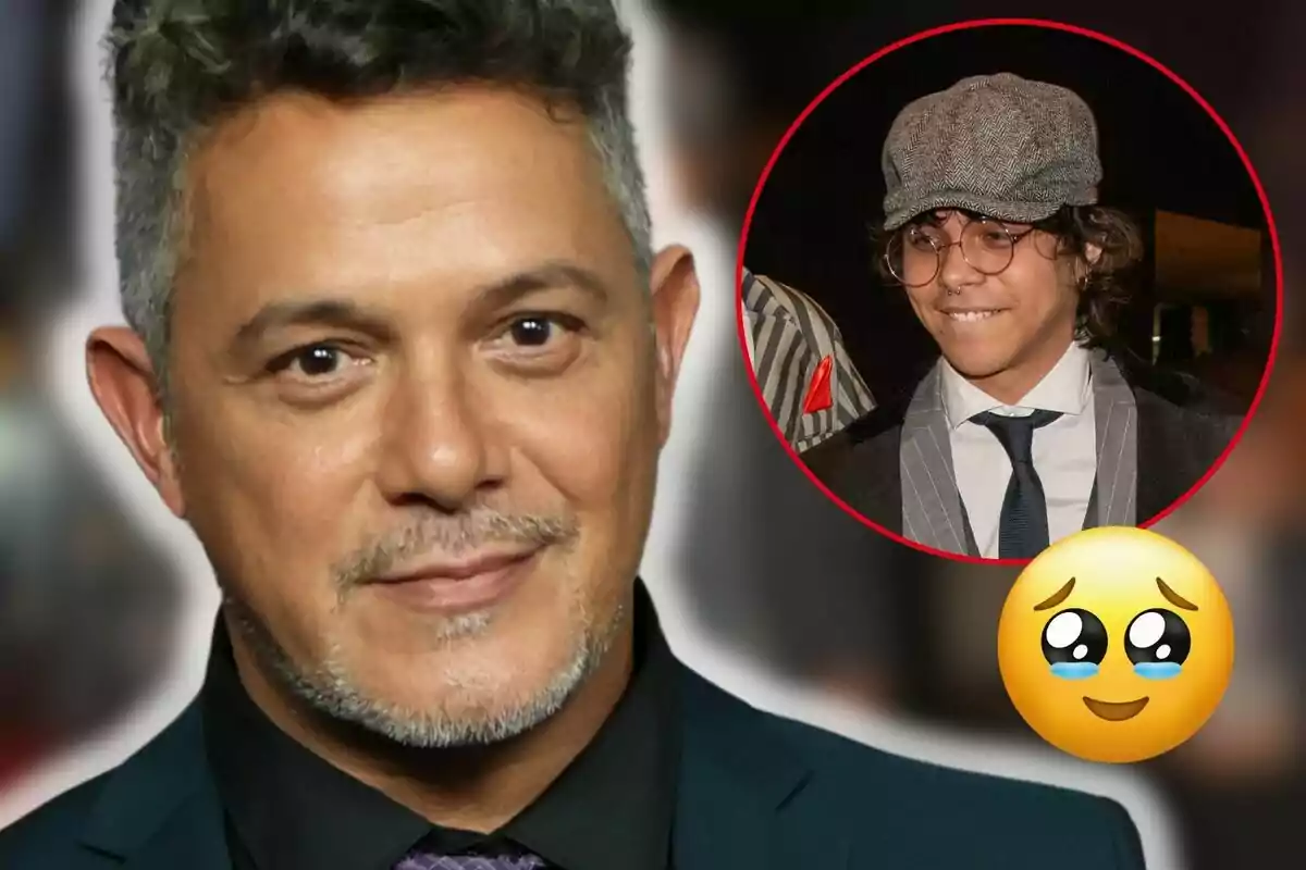 Alejandro Sanz mira a la cámara mientras en un círculo rojo aparece Alexander Sánchez con gafas y gorra, acompañado de un emoji con ojos brillantes.