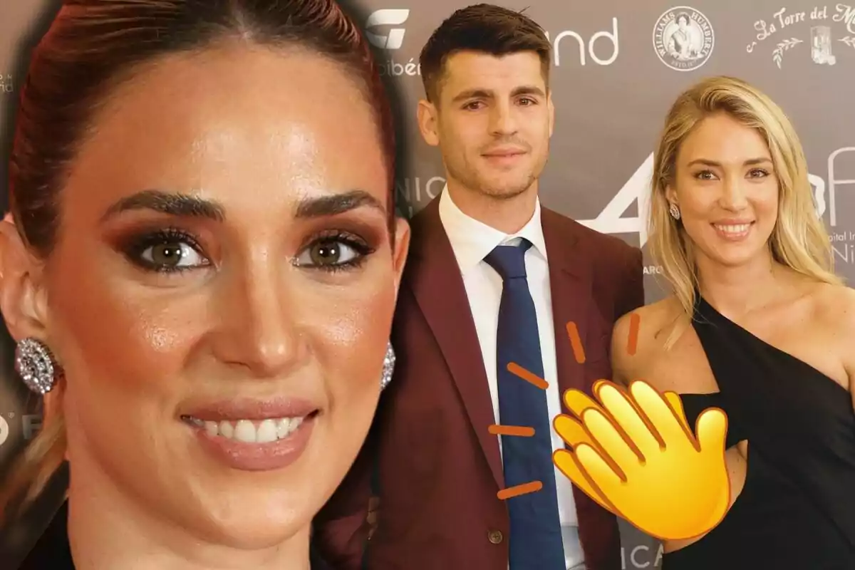 Alice Campello with elegant makeup and shiny earrings in the foreground, in the background Álvaro Morata in a suit and tie next to her, against a backdrop with logos and a clapping emoji.