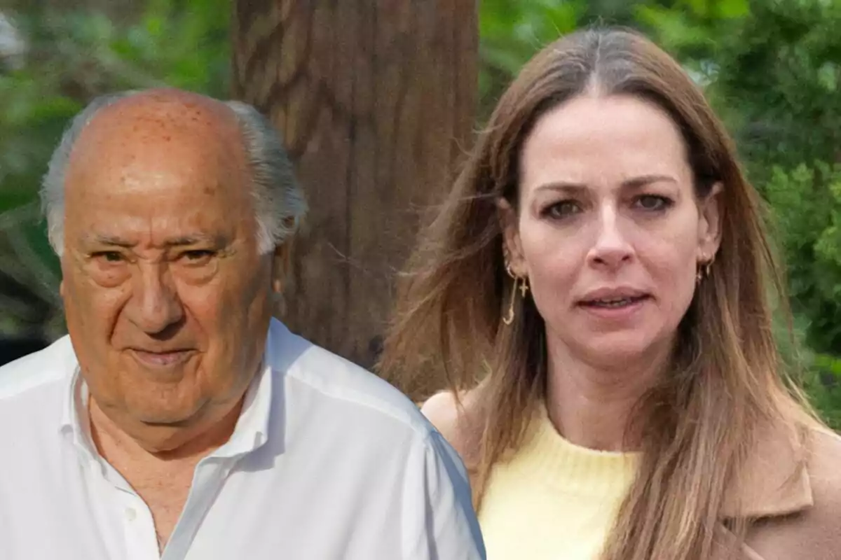 Amancio Ortega i Eva González posant a l'aire lliure amb arbres de fons.