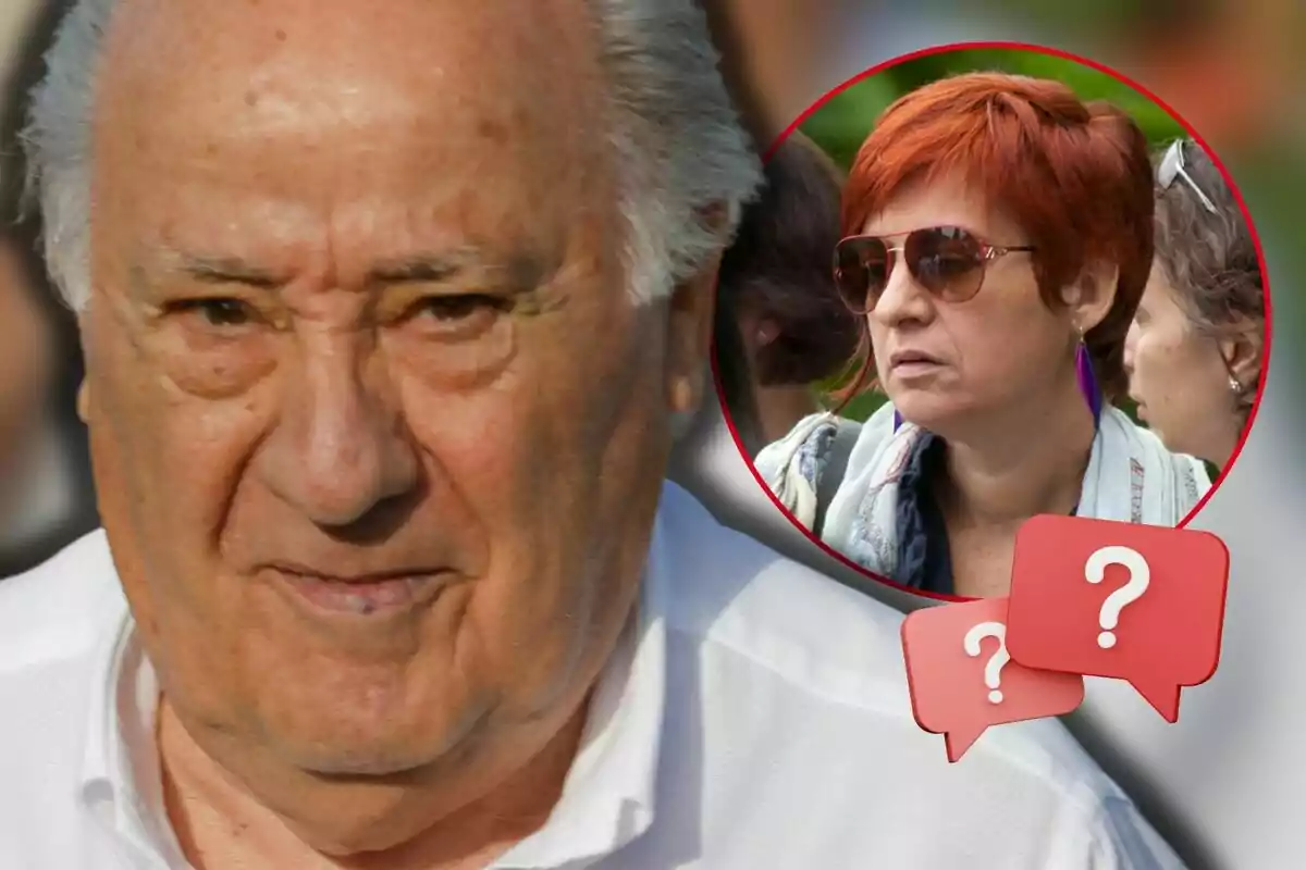 Amancio Ortega con cabello canoso y expresión seria en primer plano, con un recuadro que muestra a Sandra Ortega de cabello corto y rojo usando gafas de sol, junto a dos iconos de burbujas de diálogo con signos de interrogación.