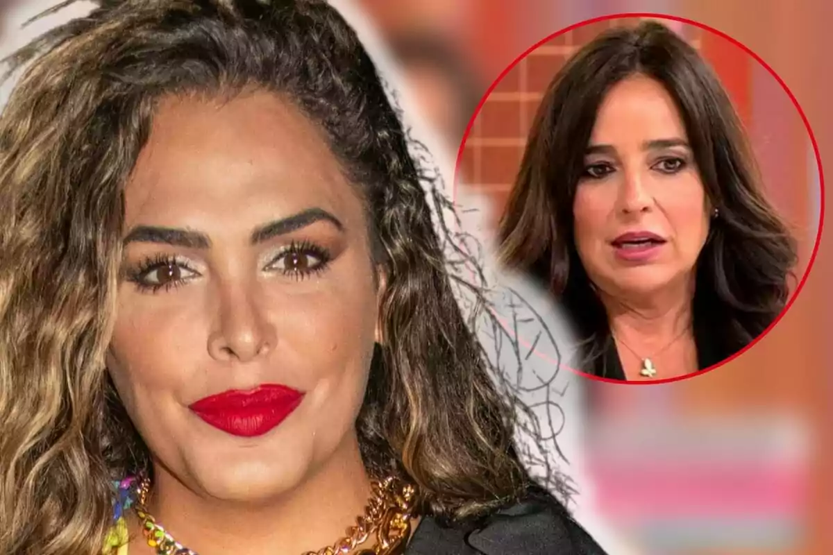 Amor Romeira con cabello rizado y labios rojos en primer plano, con Carmen Alcayde de cabello oscuro en un círculo rojo en el fondo.