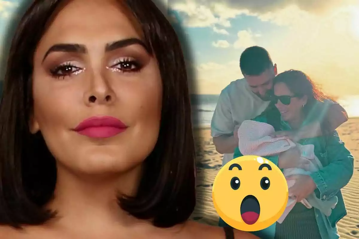 Amor Romeira with shiny makeup and pink lips appears in the foreground, while in the background David Rodríguez and Anabel Pantoja are seen on the beach holding a wrapped baby, with a surprised emoji overlaid.