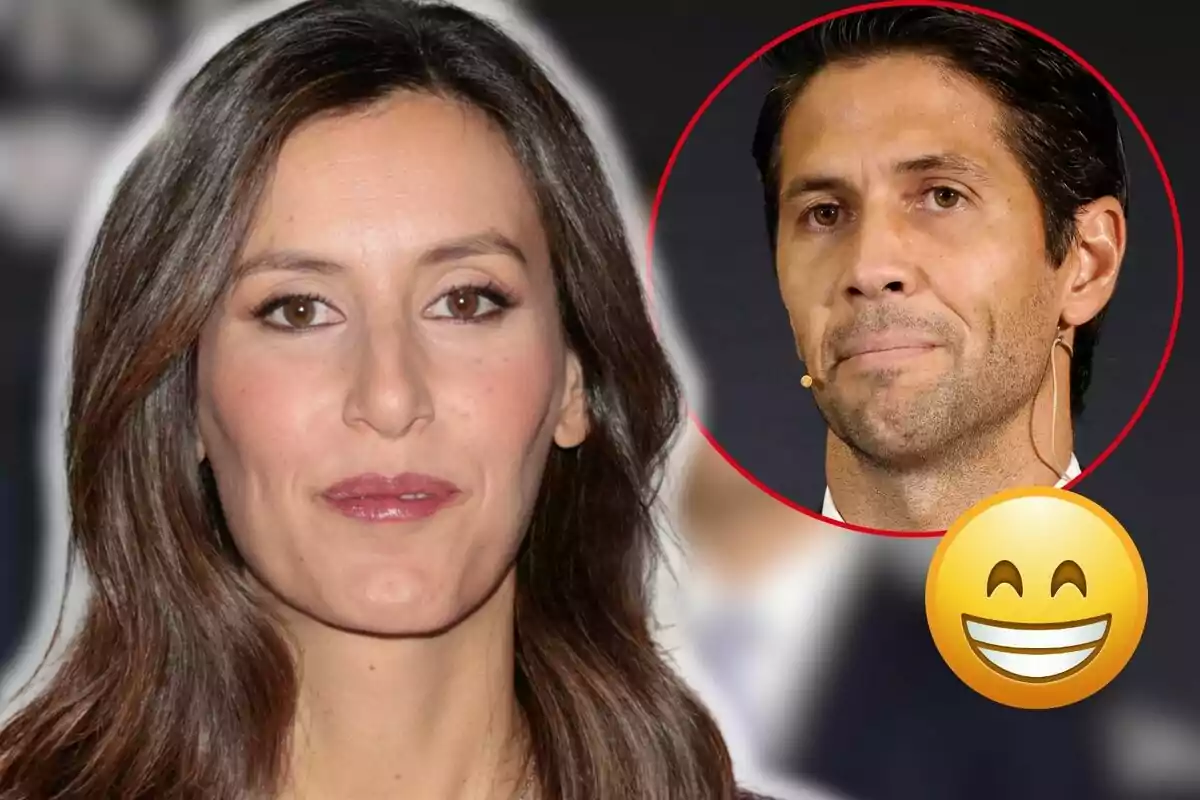 Ana Boyer de cabell fosc en primer pla amb Fernando Verdasco en un cercle vermell a la cantonada superior dreta i un emoji somrient.