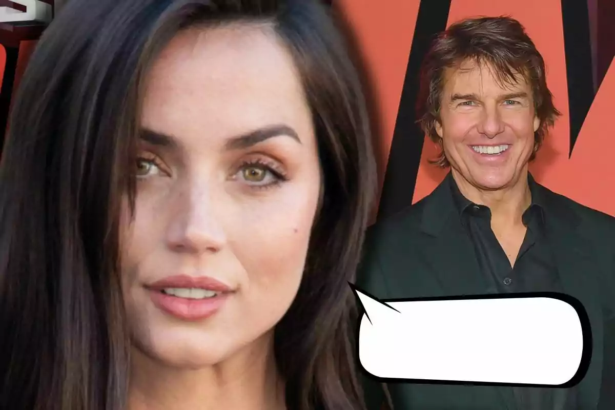 Ana de Armas y Tom Cruise posan frente a un fondo rojo, una de ellas tiene un globo de diálogo vacío.