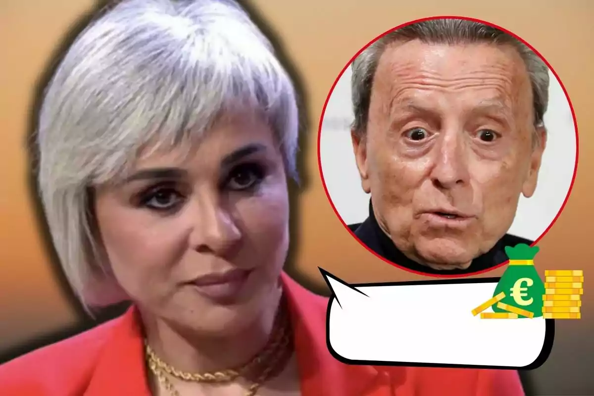 Ana María Aldón amb expressió seriosa i Ortega Cano en un cercle vermell amb expressió sorpresa, al costat d'un globus de diàleg buit amb una icona de diners.