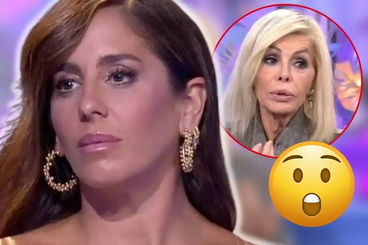 Anabel Pantoja con expresión seria y Bibiana Fernández en un círculo rojo en el fondo, junto a un emoji sorprendido.